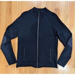 Aether Riley Full-Zip Sweater Dark Navy Blue Zipper Pockets Sz 2 Merino Wool